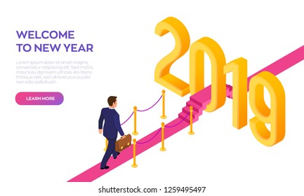 Welcome 2019. New Year. Path to New Year. Businessman with briefcase in hand walking on red carpet to the 2019 New Year. Creative Idea. Vector Illustration.