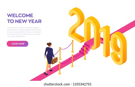 Welcome 2019. New Year. Path to New Year. Businesswoman with briefcase in hand walking on red carpet to the 2019 New Year. Creative Idea. Vector Illustration.