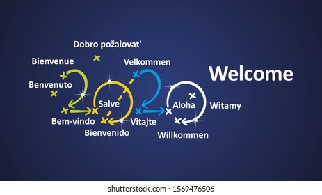 Welcome 2020 different languages word cloud arrows blue background vector