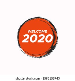 Welcome 2020 new year logo design with paint brush circle. Splatter brush