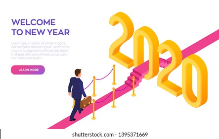 Welcome 2020. New Year. Path to New Year. Businessman with briefcase in hand walking on red carpet to the 2020 New Year. Creative Idea. Vector Illustration.