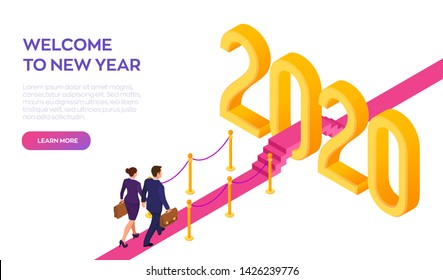 Welcome 2020. New Year. Path to New Year. Businessman and Businesswoman with briefcase in hand walking on red carpet to the 2020 New Year. Creative Idea. Vector Illustration.