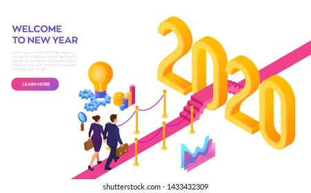 Welcome 2020. New Year. Path to New Year. Businessman and Businesswoman with briefcase in hand walking on red carpet to the 2020 New Year. Creative Idea. Vector Illustration.