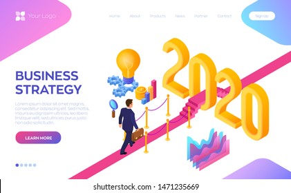 Welcome 2020. New Year. Path to New Year. Businessman with briefcase in hand walking on red carpet to the 2020 New Year. Creative Idea. Vector Illustration.