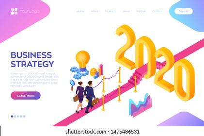 Welcome 2020. New Year. Path to New Year. Businessman and Businesswoman with briefcase in hand walking on red carpet to the 2020 New Year. Creative Idea. Vector Illustration.