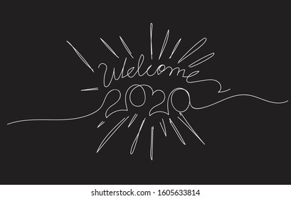 Welcome 2020 single continuous line art. New Year greeting card headline decoration. One sketch outline drawing vector illustration
 
