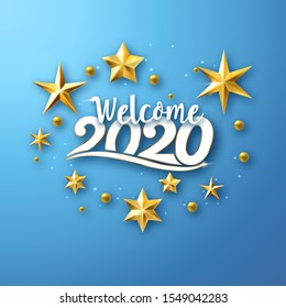 Welcome 2020 - typographic new year greeting design with stars on blue background