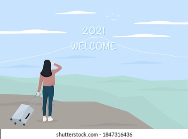 Welcome to 2021 concept. Merry Christmas and happy new year, A woman travel to future goal with cloud, sky and mountain background. flat style vector illustration.