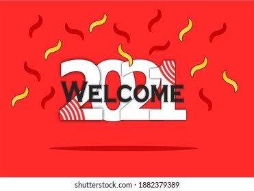 Welcome 2021 vector illustration and red background. As template for postcard, web banner, poster. wonderful design 2021.