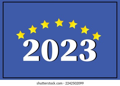 Welcome 2023 banner or poster front on a blue background with golden star, happy new year 2023 front in a blue background 