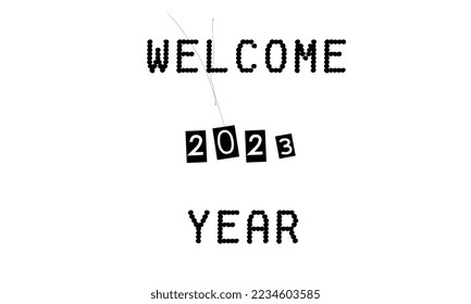 Willkommen 2023 Jahr Text Design. für Broschüren Design Vorlage, Karte, Banner. Vektorgrafik. Einzeln auf weißem Hintergrund.