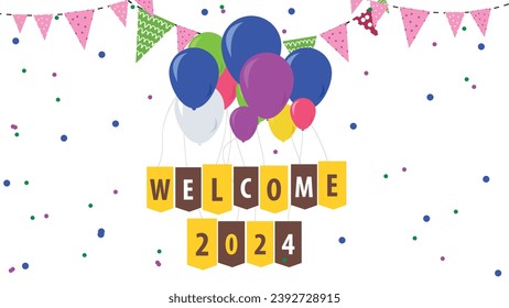 welcome 2024 balloons lifting text box welcoming new year celebration with birthday party decorations