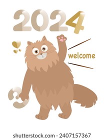 Welcome 2024, goodbye 2023. A chubby, fluffy cat waves its paw while saying Welcome. Funny Greeting card, print, poster. Vector illustration isolated on white.