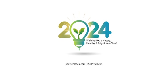 Welcome 2024 New year poster Design. Green, futuristic energy and technology concept. 2024 with light bulb design.