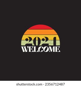 Welcome 2024 T-shirt Design Illustration for Happy New Year 2024 Celebration on Black isolated Background with Retro, Vintage style 
