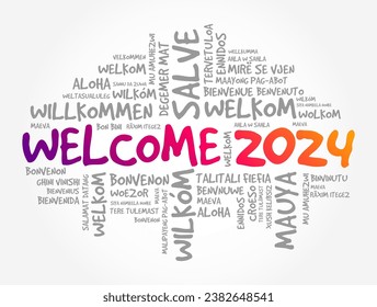 WELCOME 2024 word cloud in different languages, conceptual background