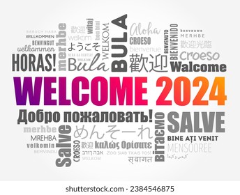 WELCOME 2024 Word Cloud in verschiedenen Sprachen, konzeptioneller Hintergrund