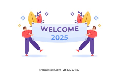 welcome 2025 concept. happy new year 2025. illustration of two men holding banners for new year's greeting. celebration and greeting. flat style design. element