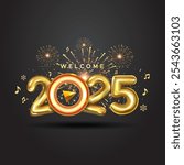 Welcome 2025 new year 3d golden logo with fun music and fireworks background. Vector illustration