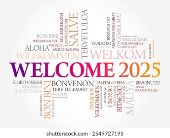 WELCOME 2025 word cloud in different languages, conceptual background