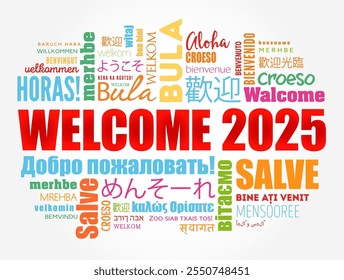 NUBE DE PALABRAS DE BIENVENIDA 2025 en diferentes idiomas, fondo conceptual