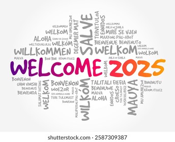 WELCOME 2025 word cloud in different languages, conceptual background
