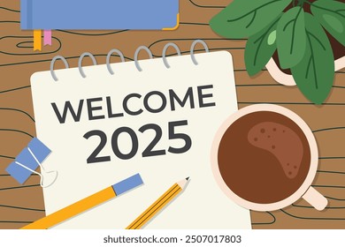 welcome 2025 written in spiral notebook; is perfect for New Year-themed marketing campaigns, social media posts, or corporate greetings- vector illustration
