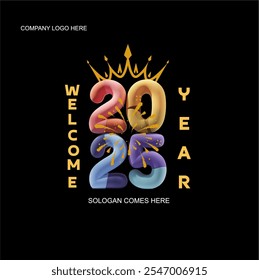 welcome 2025 year greeting card vector illustration, 2025 with golden crown and texture fireworks and frame fire work, black back ground    holiday design background. coloured 3d 2025