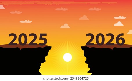 Welcome 2026  concept. jumping mountain between 2025 and 2026 vector illustration design background