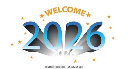 Welcome 2026 logo popup on white background with confetti . 2026 happy New year celebration vector illustration design