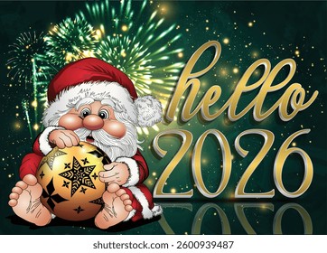Welcome 2026 with a magical greeting card showcasing an adorable gnome holding a festive ornament with fireworks on a green background.