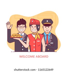 Welcome aboard concept with flight attendants in working uniform. Aircraft or cabin crew with steward, pilot and smiling stewardess offering cookies. Air travel illustration for UI in flat design.