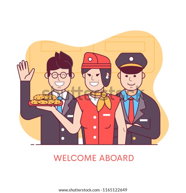 aboard concept with flight attendants in working uniform