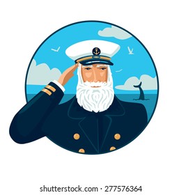 Welcome aboard. Old bearded captain with a cap. Vector illustration with a sea on the background.