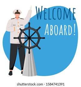 Welcome aboard social media post mockup. Ship captain on deck. Advertising web banner design template. Social media booster, content layout. Promotion poster, print ads with flat illustrations