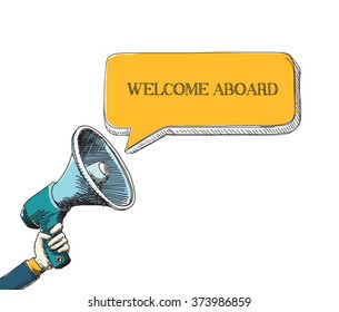 WELCOME ABOARD in speech bubble with sketch drawing style
