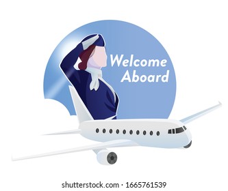 Willkommen an Bord mit Stewardess-Design auf weißem Hintergrund Vektorillustration Illustration flaches Design 