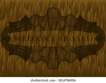 WELCOME ABOARD text inside Linear currency Fur emblem. Animal fancy background. Artistic illustration. 