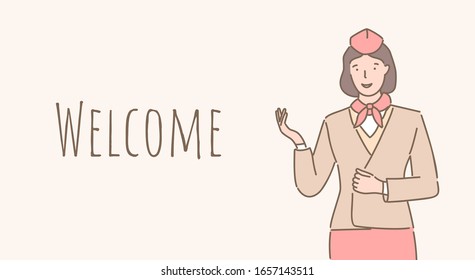 Welcome aboard vector cartoon banner design with text space. Smiling stewardess in uniform welcoming you to the airplane outline poster design. Aircraft workers, aircrew, professional airplane staff.