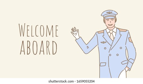 Welcome aboard vector cartoon banner design with text space. Smiling pilot in uniform welcoming you to the airplane outline poster design. Aircraft workers, aircrew, professional airplane staff.