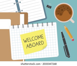 welcome aboard written on yellow sticky note - vector illustration