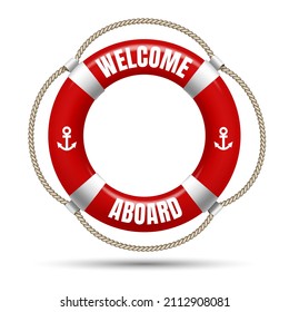 Welcome abord buoy. 3d cruise boat ship emergency life saver with text, marine sail safety circle, realistic lifebuoy vector illustration