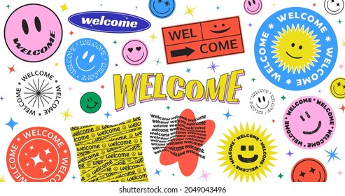 Welcome Abstract Hipster Cool Trendy Background With Retro Stickers Vector Design. Acid Patches.