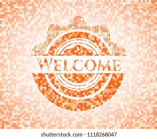 Welcome abstract orange mosaic emblem with background