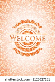 Welcome abstract orange mosaic emblem with background