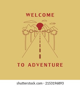 Welcome to adventure. The road to the mountains, palm trees. The concept of travel. Hand-drawn outline vector illustration.