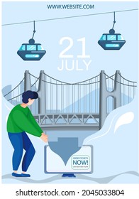 Welcome advertising banner. Modern suspension bridge and cable car, landmark of korean city. Travel company poster for travelers, vacation to south korea, major port city with mountains
