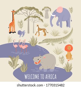 Welcome to africa banner. Vector illustration with river, african animals, birds and plants. Cartoon images in a flat style.