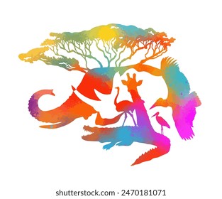 Welcome to Africa poster. Africa abstract animals colored silhouette. hand drawing. Not AI, Vector illustration.