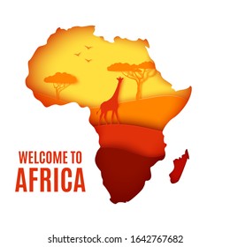 Welcome to Africa poster. African landscape in paper cut style. Silhouette of giraffe, forest trees and tropical birds in savannah. Map of Africa and Madagascar in orange color, Vector Africa day card